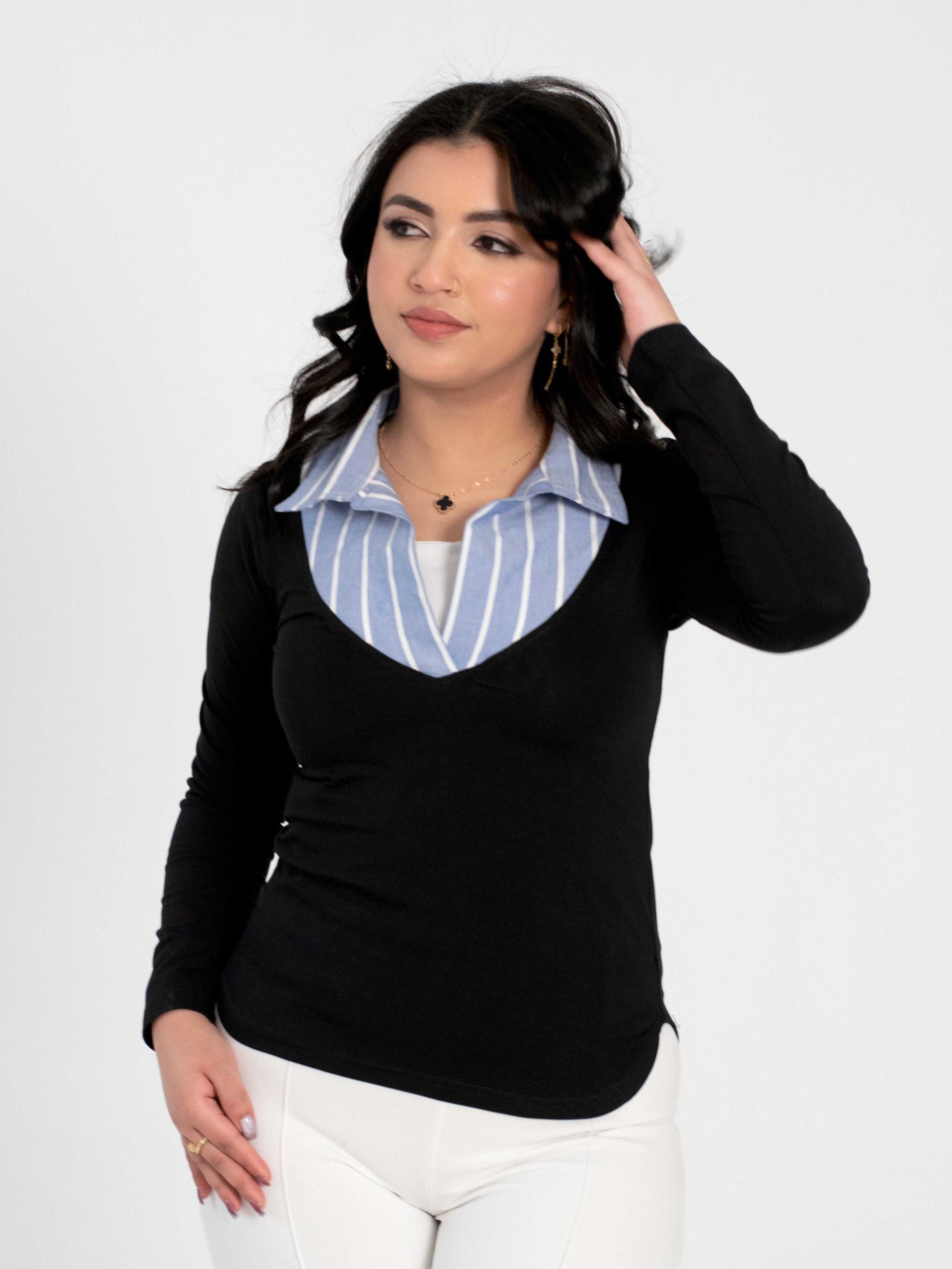 Black Stripped Collar Top